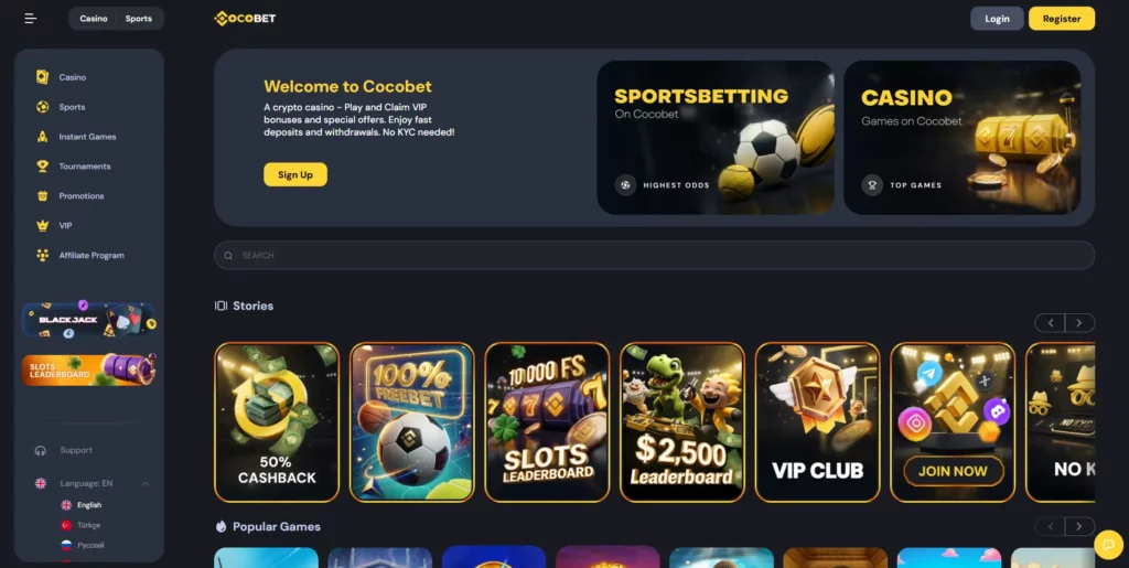 CocoBet crypto-first casino lobby and game categories