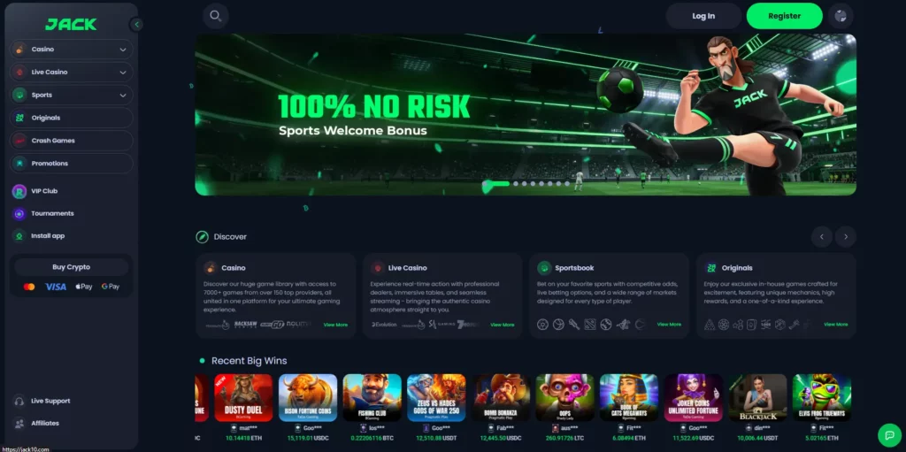 JACK casino game lobby and sports betting section
