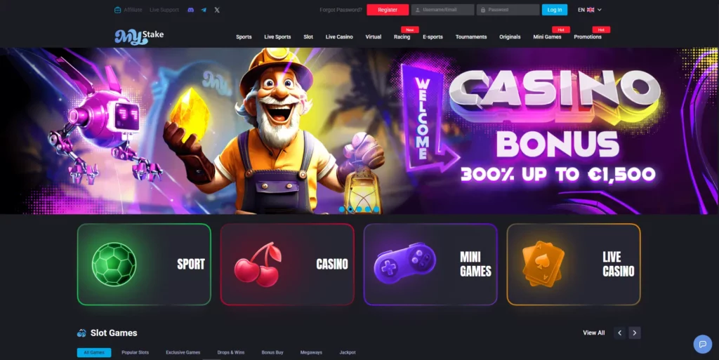 MyStake casino lobby and navigation menu